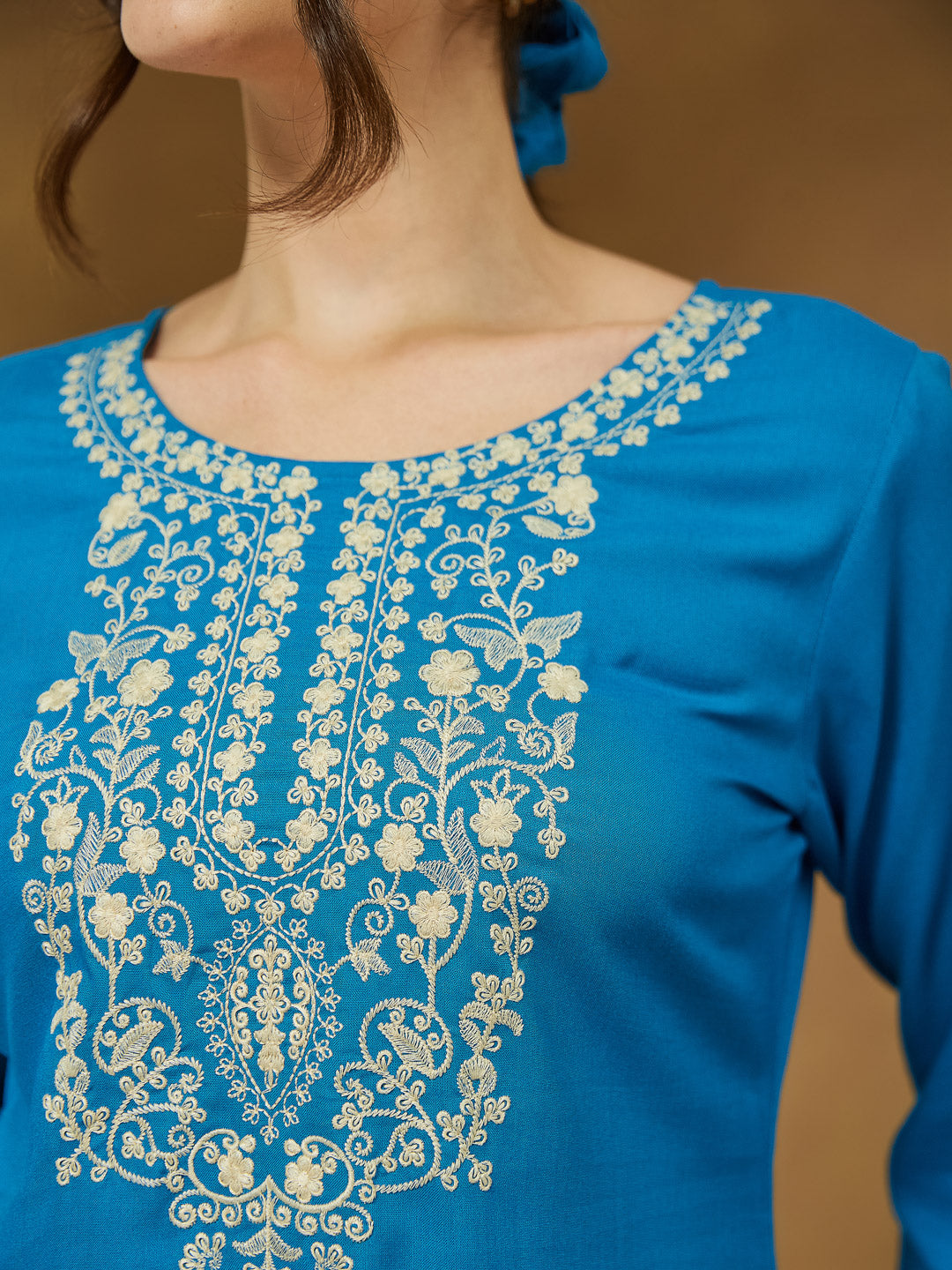 Janasya Dark Rayon Embroidered Straight Tunic | Swadesiicart
