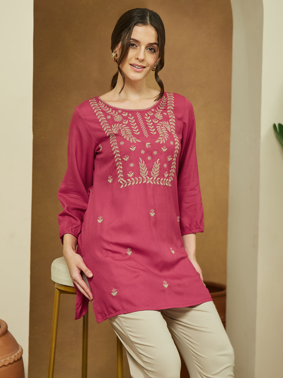 Janasya Dark Rayon Embroidered Straight Tunic | Swadesiicart