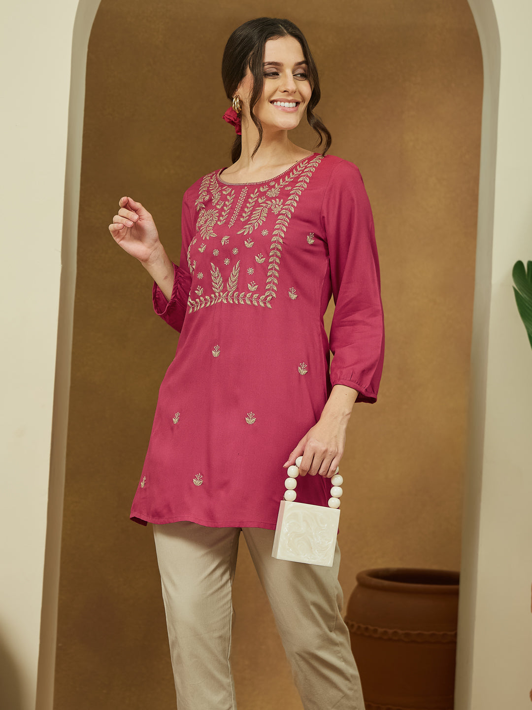 Janasya Dark Rayon Embroidered Straight Tunic | Swadesiicart