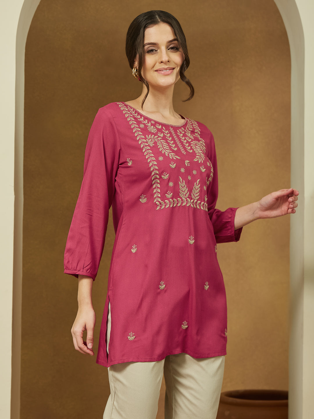 Janasya Dark Rayon Embroidered Straight Tunic | Swadesiicart