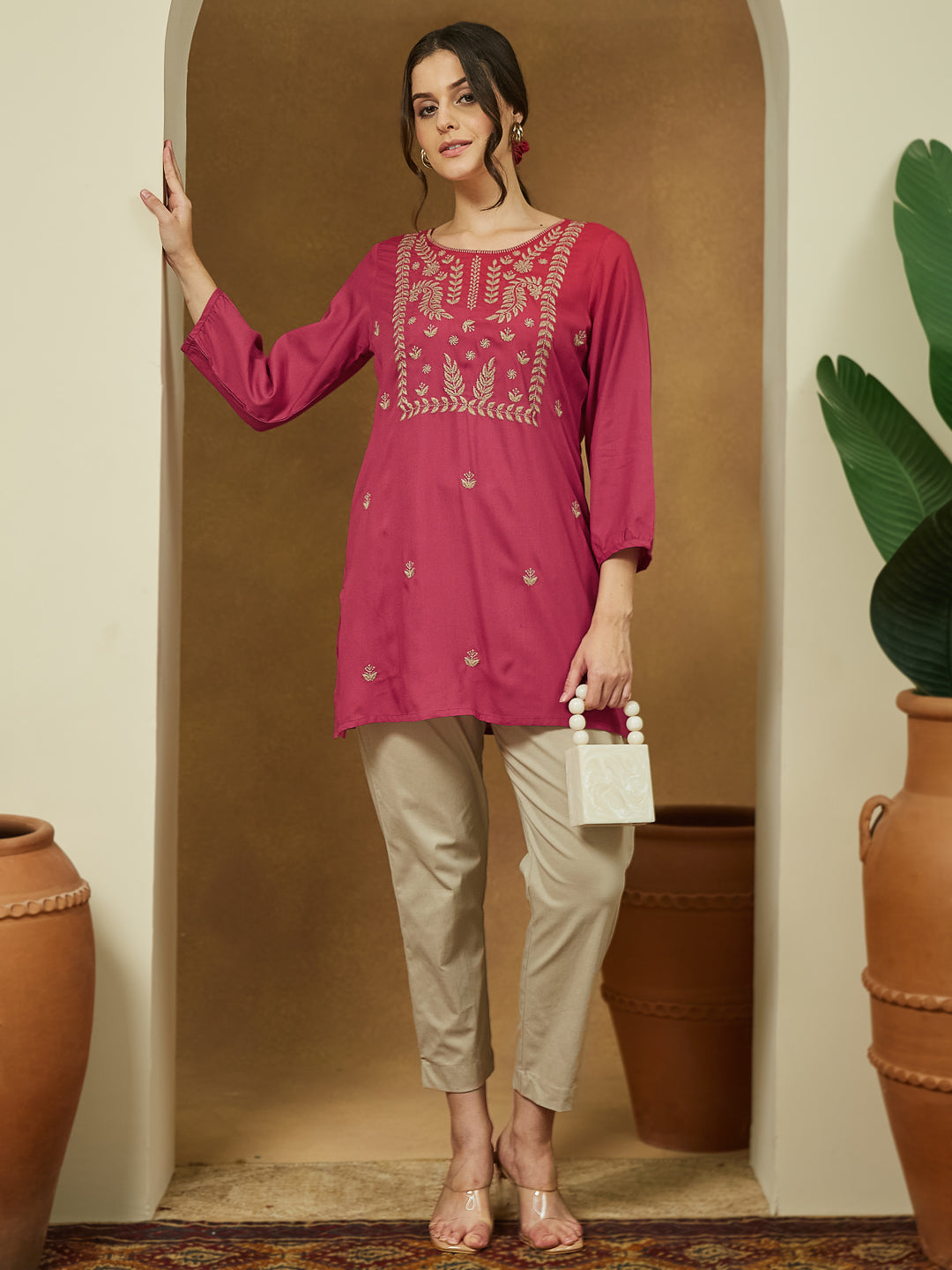 Janasya Dark Rayon Embroidered Straight Tunic | Swadesiicart