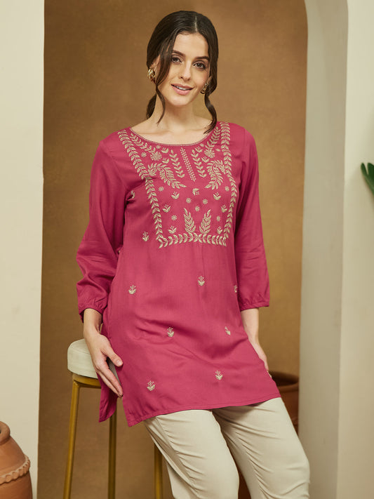 Janasya Dark Rayon Embroidered Straight Tunic | Swadesiicart