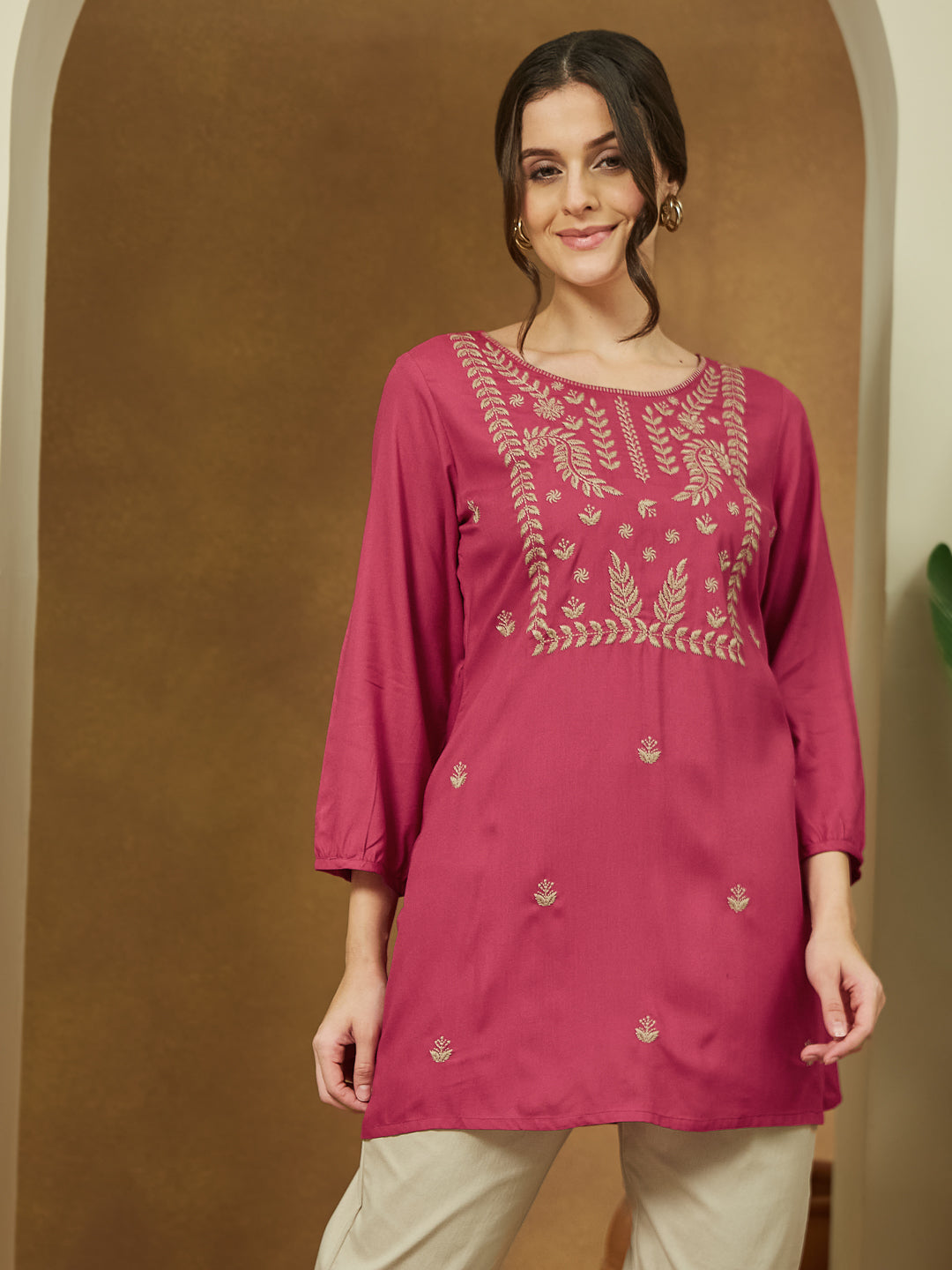 Janasya Dark Rayon Embroidered Straight Tunic | Swadesiicart