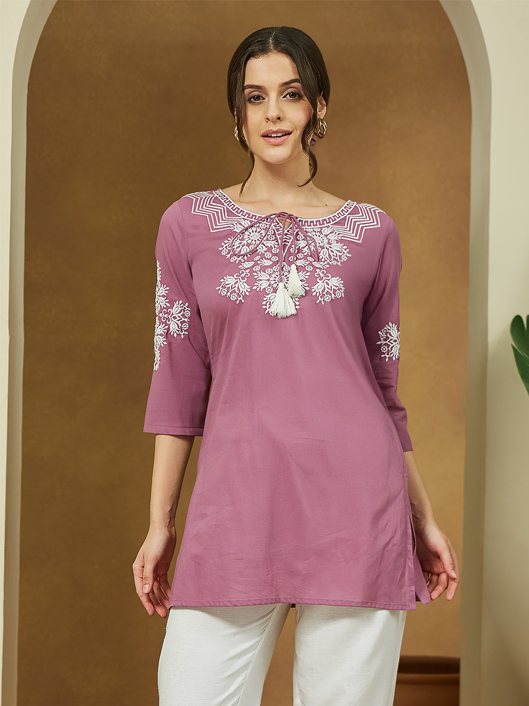 Janasya Dark Cotton Embroidered Straight Tunic | Swadesiicart