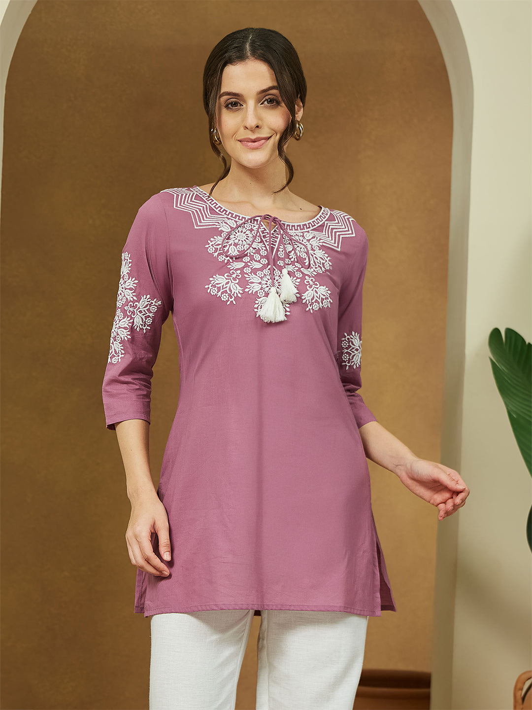 Janasya Dark Cotton Embroidered Straight Tunic | Swadesiicart