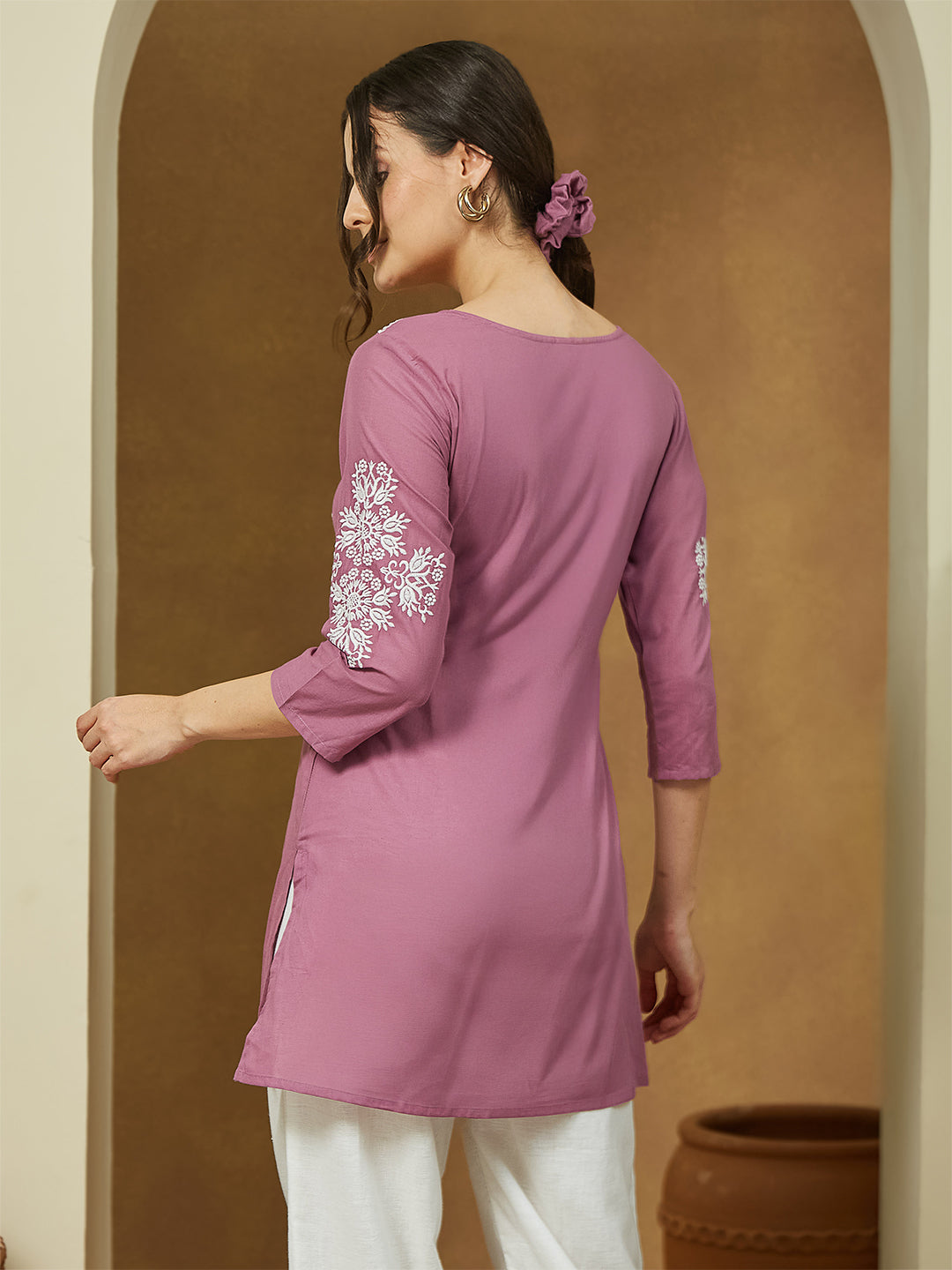 Janasya Dark Cotton Embroidered Straight Tunic | Swadesiicart