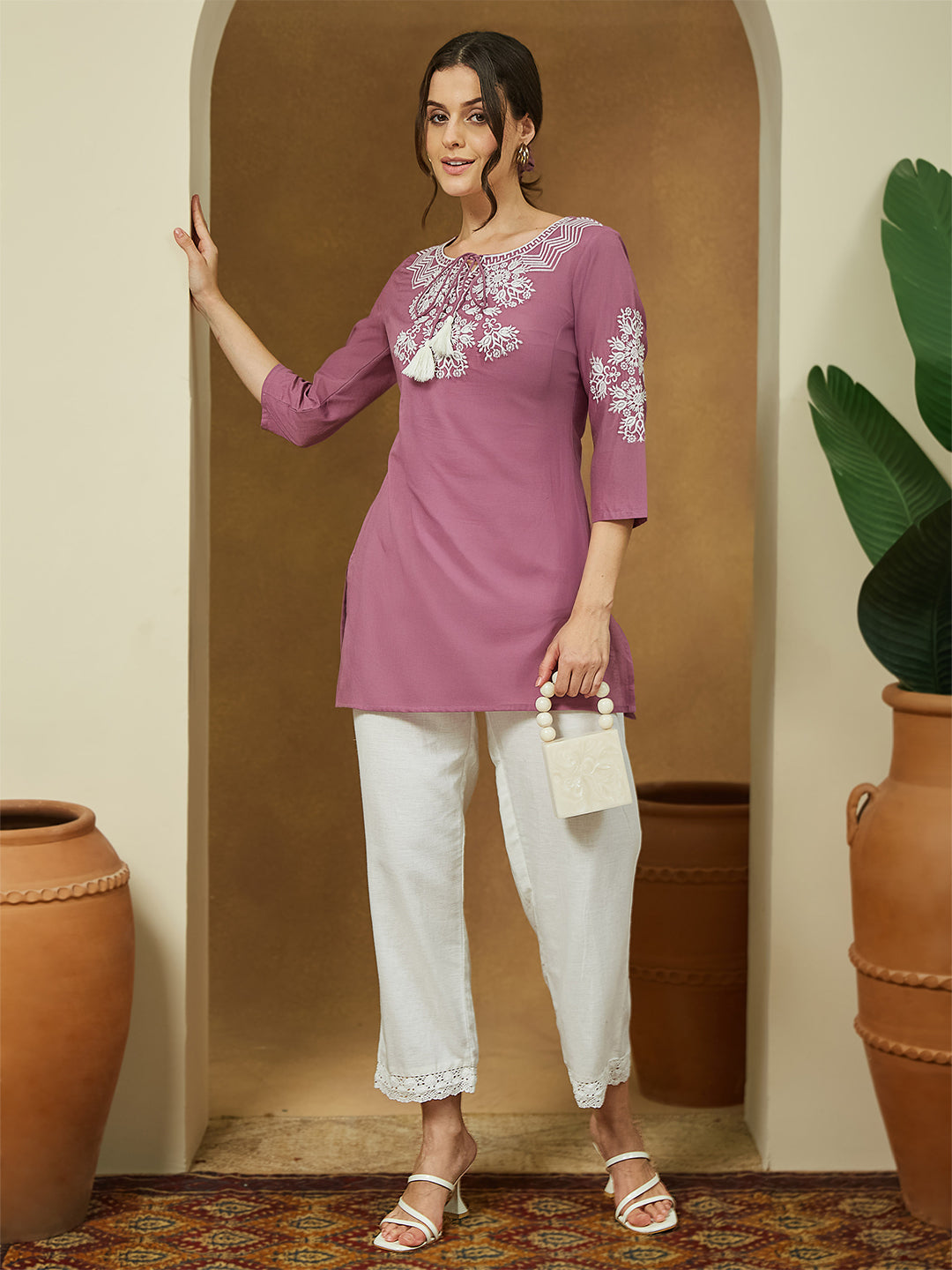 Janasya Dark Cotton Embroidered Straight Tunic | Swadesiicart