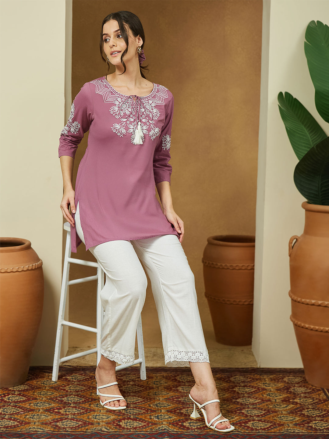 Janasya Dark Cotton Embroidered Straight Tunic | Swadesiicart