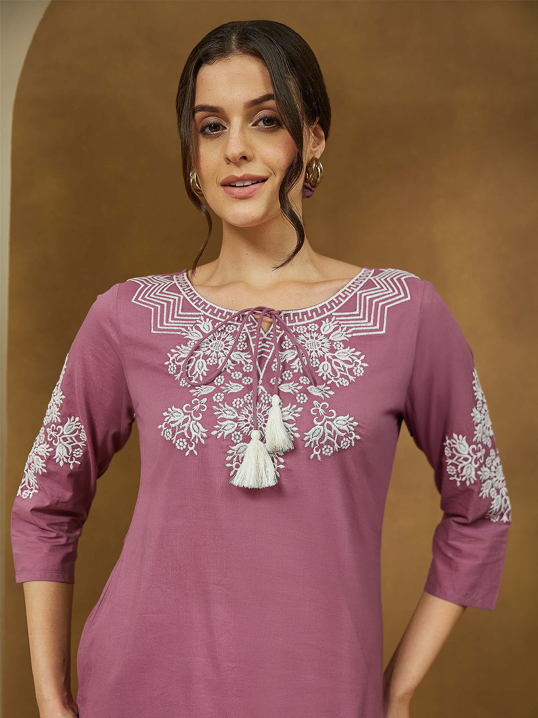 Janasya Dark Cotton Embroidered Straight Tunic | Swadesiicart