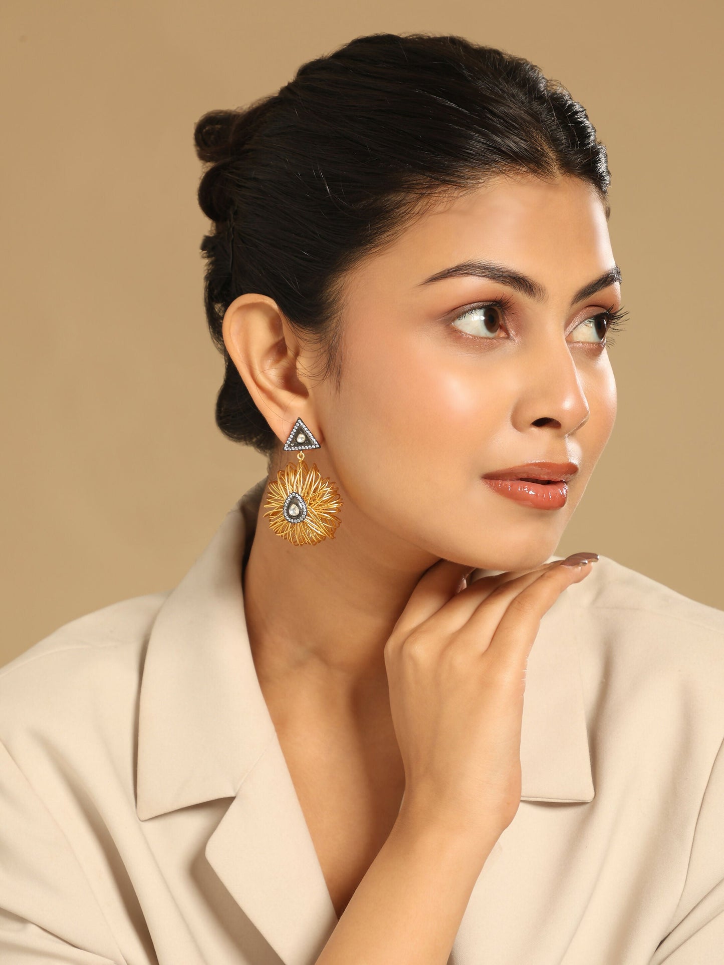 Nuyug 18K Gold-Plated Stones & American Diamond Studded Contemporary Wire Drop Earrings | Swadesiicart