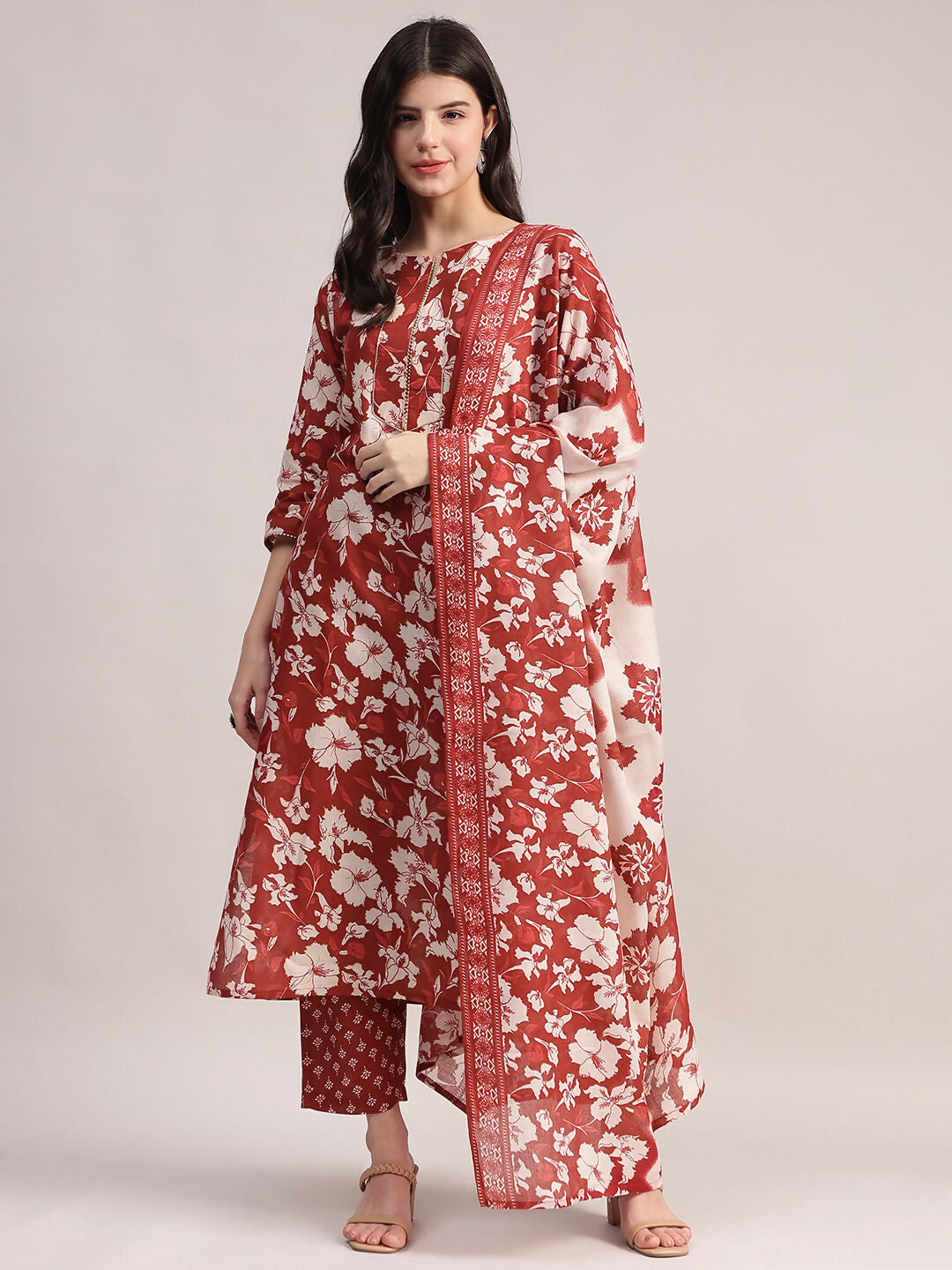 Aavyora Women Maroon Floral Printed Kurta with Printed Pants & Dupatta Set - Swadesiicart