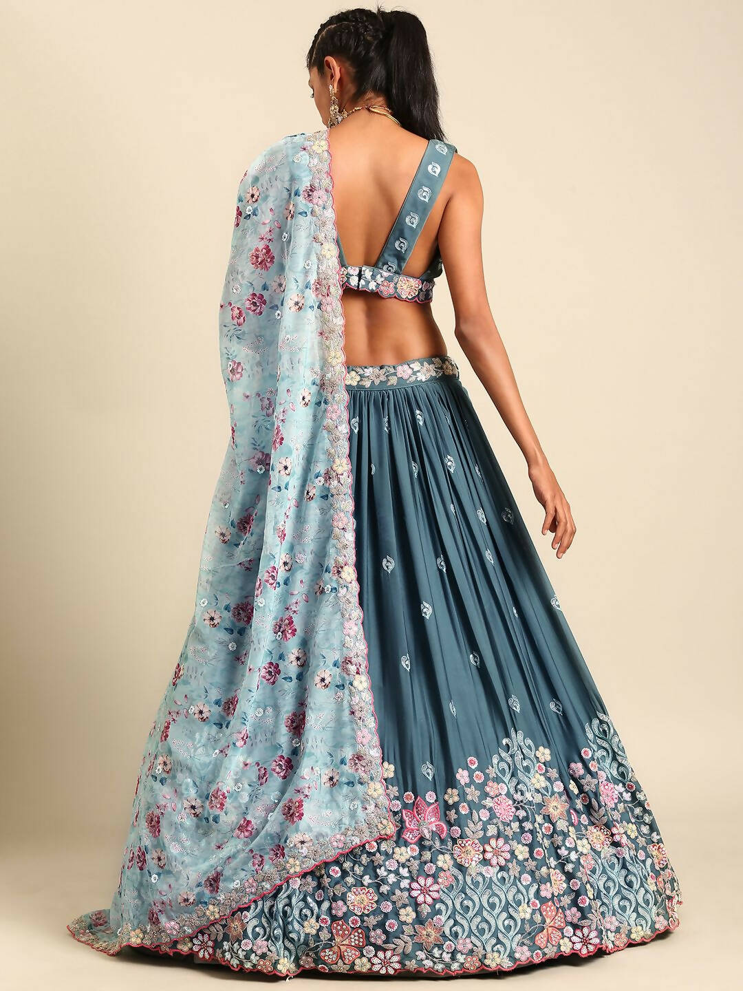 House of Panchhi Teal Blue Chinon Sequins embroidery Lehenga choli & Dupatta | Swadesiicart