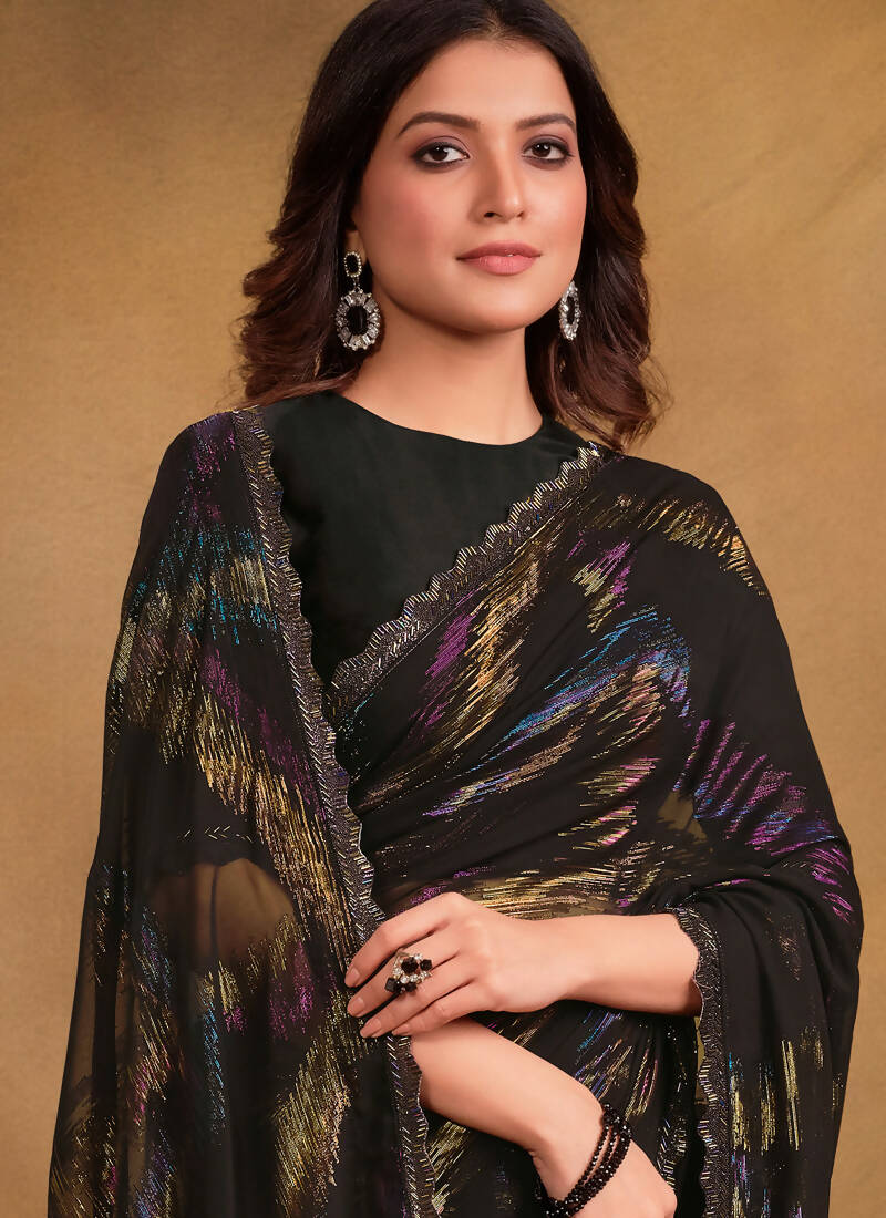 Black Zari Jacquard Print Designer Saree with Unstitched Blouse - Norita Mahitha