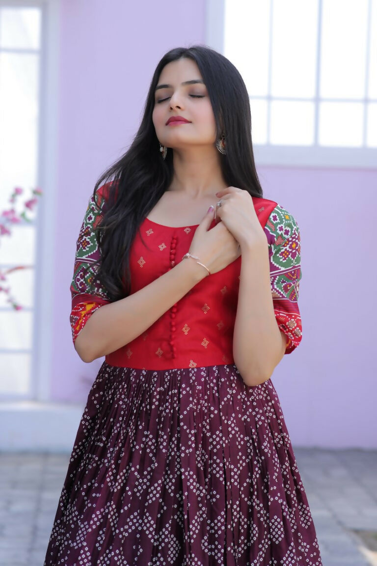 Jyoti Fashion Women's Wine Patola with Foil Print Dola Silk Anarkali Dress | Swadesiicart