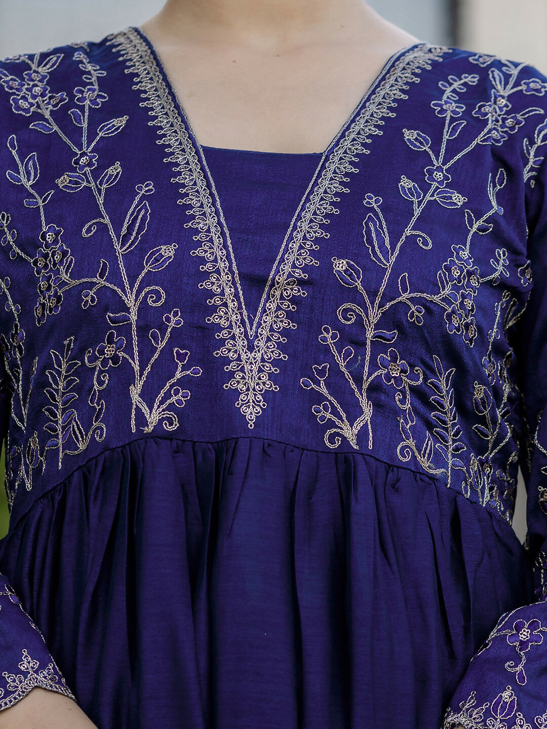 The52 Blue Women's Beautiful Embroidered Vichitra Silk Fabric with Flared Kurta, Pant and Dupatta Set - Swadesiicart