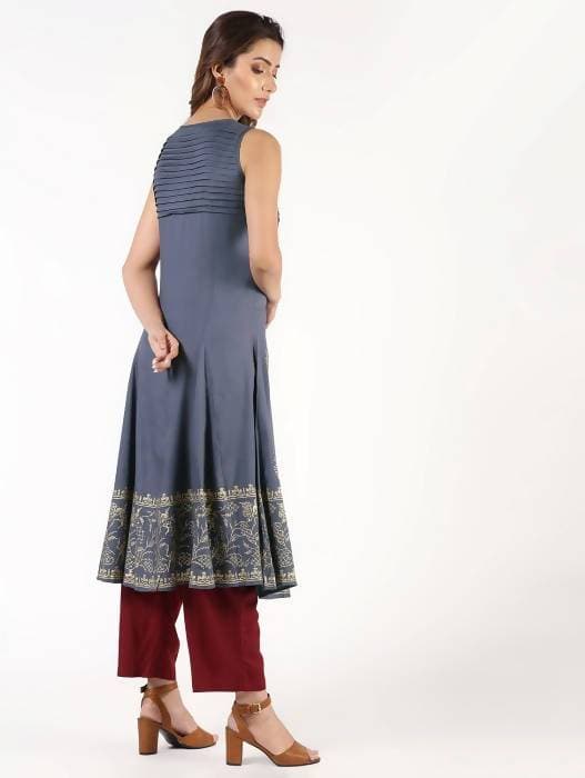 Aniyah Rayon Block Print Flared Grey Kurta (AN-150K) - Swadesiicart