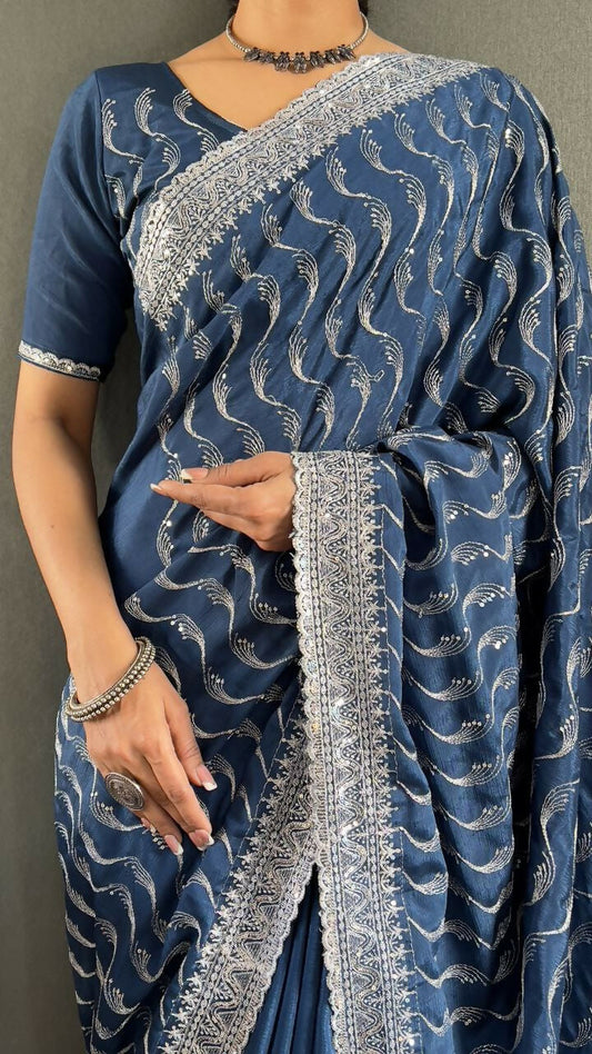 Vastranavya Sea Blue Chinnon Silk Embroidery Multi Sequence & Arco Cut Work Ready to Wear Saree | Swadesiicart