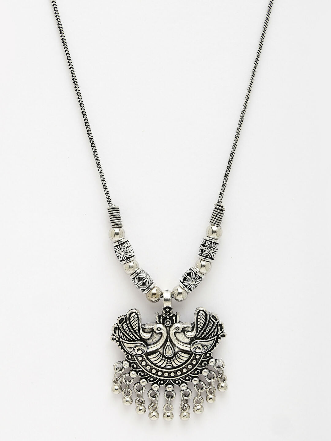NVR Women's Silver-Toned Peacock Design Pendant with Chain | Swadesiicart