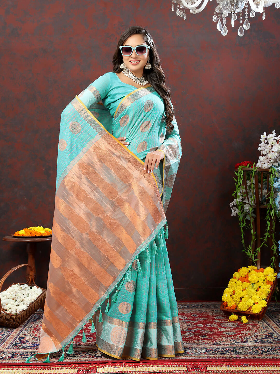 Lorenvalley Fashion Skyblue Cotton with Woven Design Zari Weaving Saree - Swadesiicart