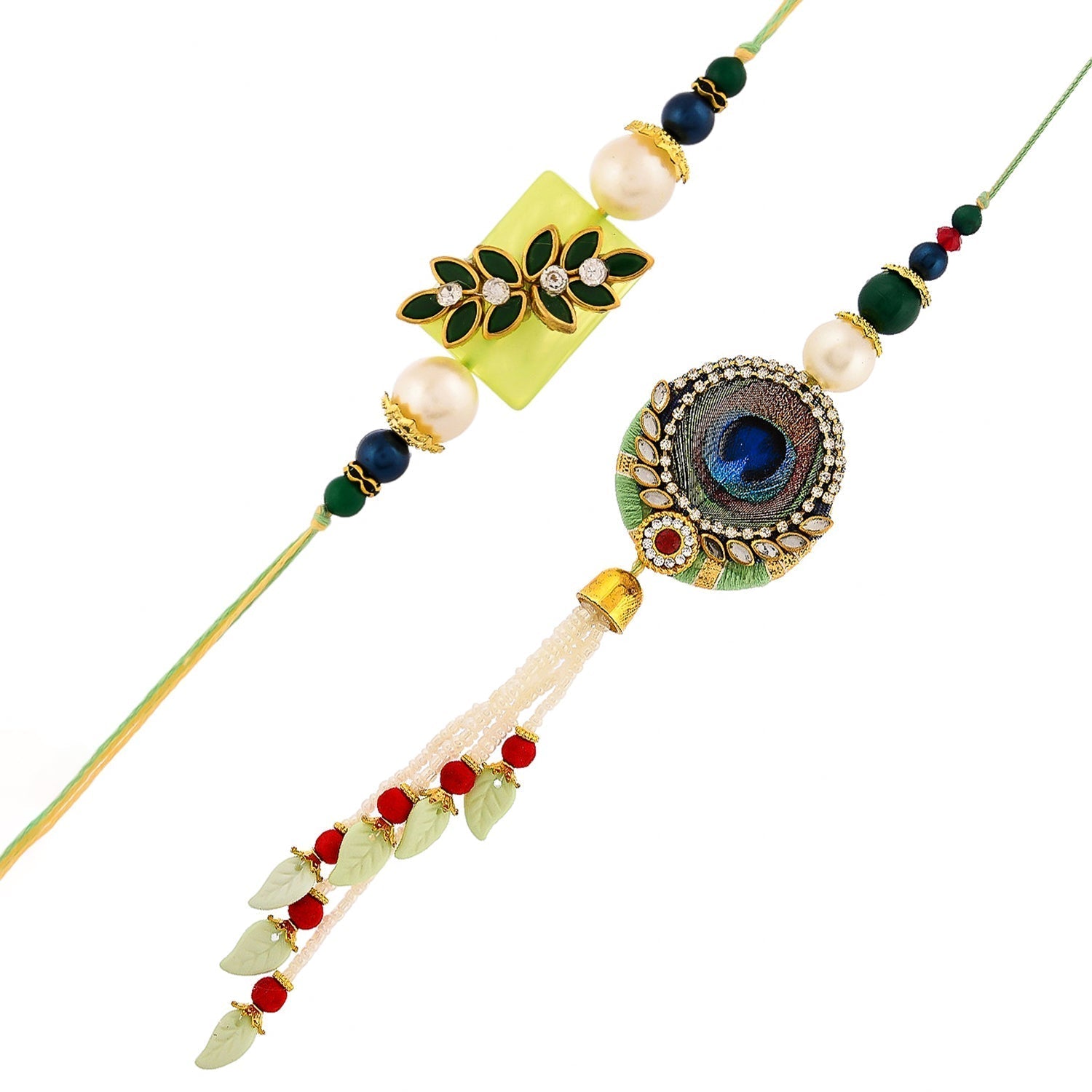 trueBrowns X Voylla Peacock Feathers And Beads Bhaiya Bhabhi Lumba Rakhi | Swadesiicart