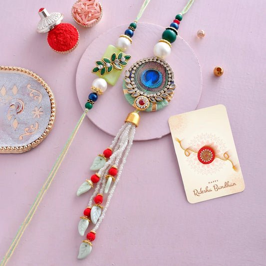 trueBrowns X Voylla Peacock Feathers And Beads Bhaiya Bhabhi Lumba Rakhi | Swadesiicart
