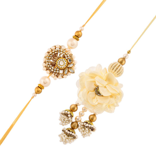 trueBrowns X Voylla White Pearls And Kundan Gems Bhaiya Bhabhi Lumba Rakhi | Swadesiicart