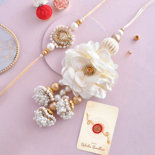 trueBrowns X Voylla White Pearls And Kundan Gems Bhaiya Bhabhi Lumba Rakhi | Swadesiicart