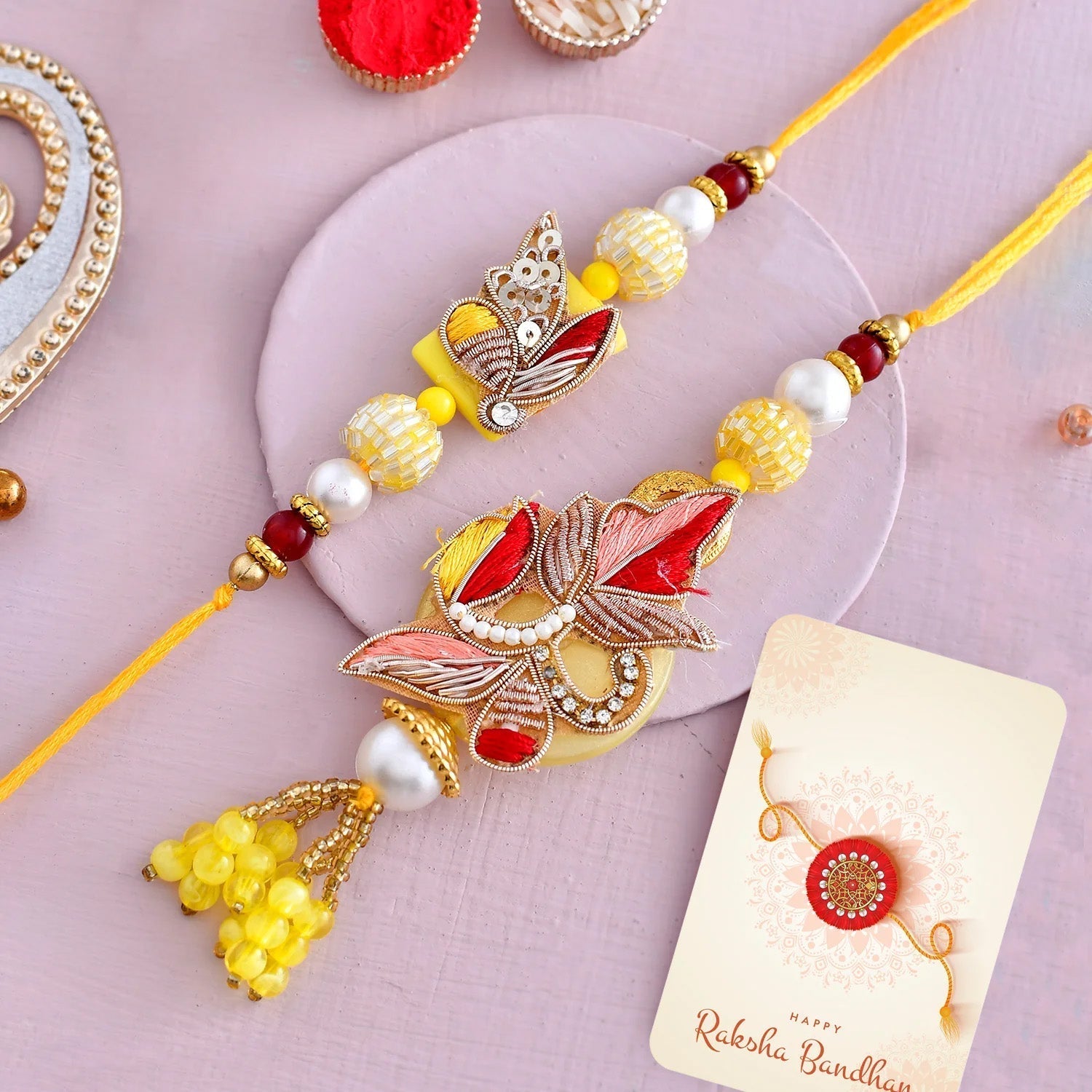 trueBrowns X Voylla Faux Pearls And Kundan Gems Bhaiya Bhabhi Lumba Rakhi | Swadesiicart