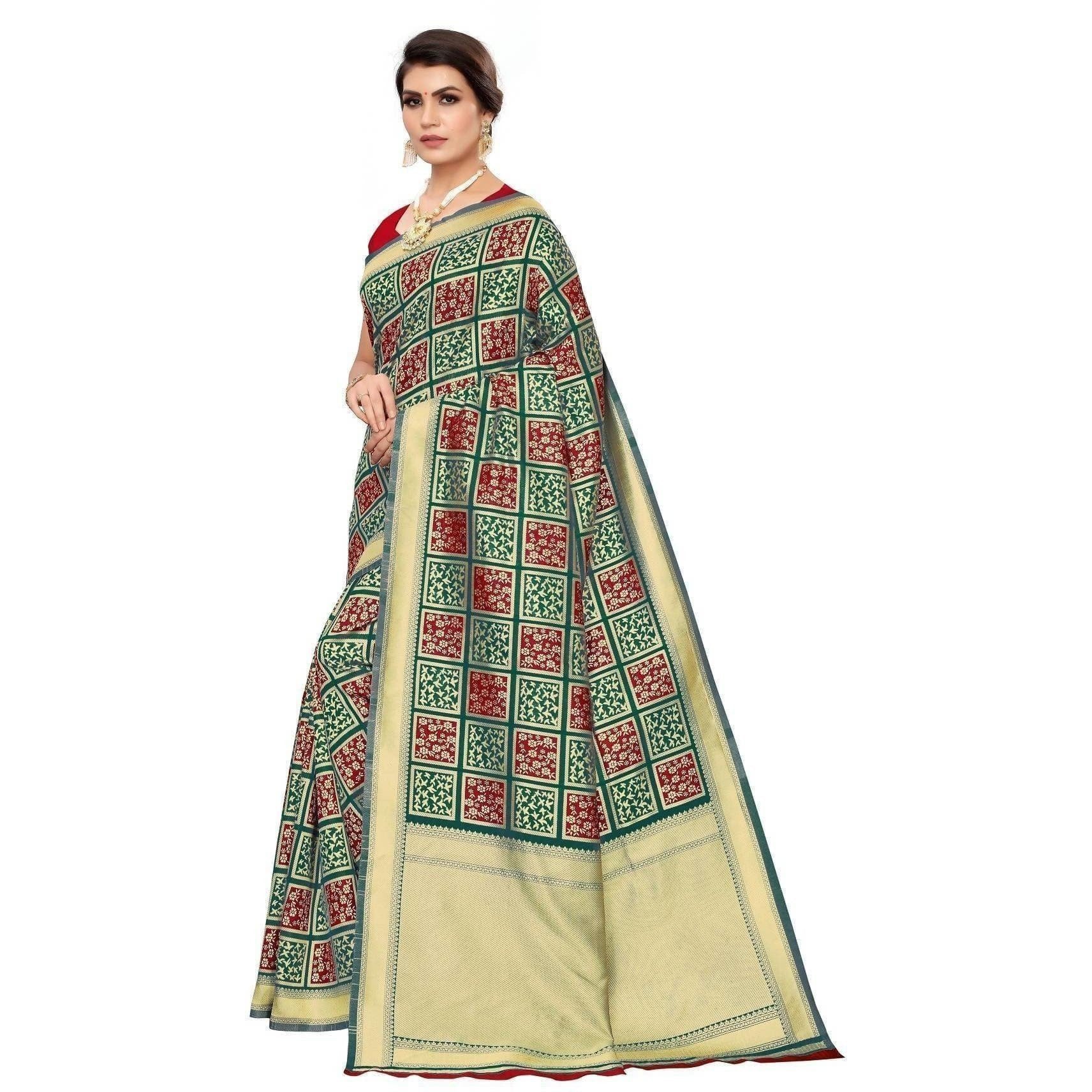 Vamika Banarasi Jaquard Rama Green Weaving Saree (Banarasi 23) | Swadesiicart