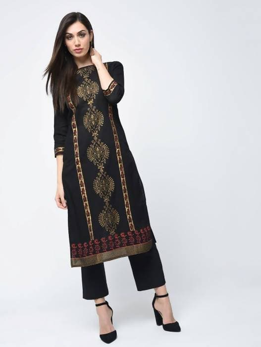 Aniyah Cotton Block Printed Latest Black Straight Kurta (AN-122K) - Swadesiicart
