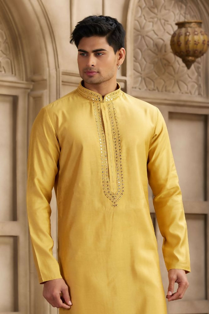 Raivat Ethnic Banarasi Art Silk Mirror Work Kurta Pajama In Rust Colour | Swadesiicart