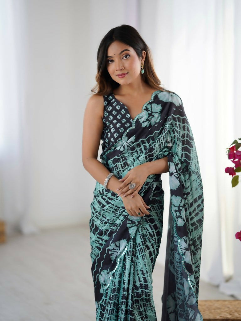 Black Chinon Designer Digital Printed,Mirror Cut Work Saree - Sohni