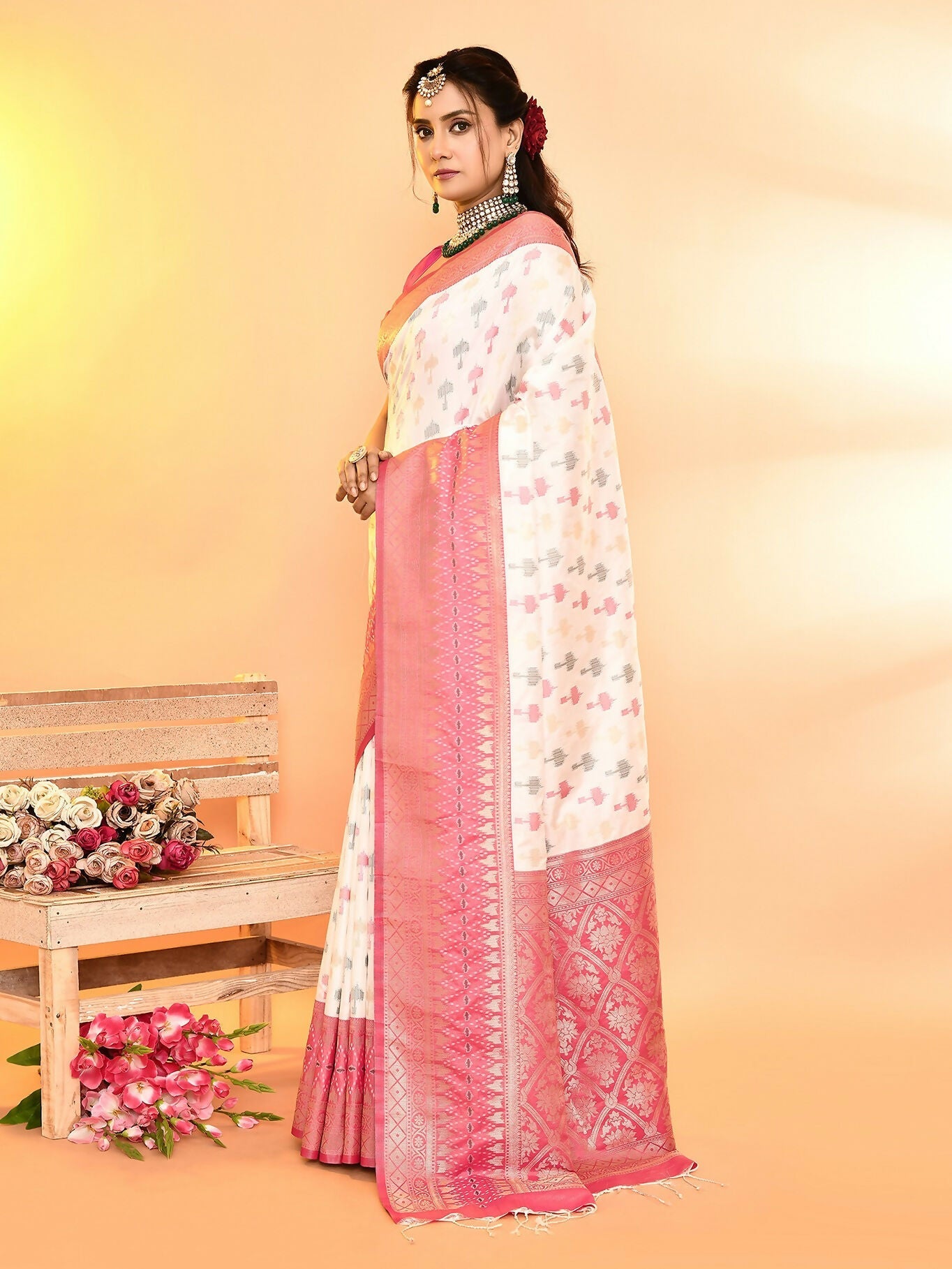 Joban Fashion White & Rani Pink Plain With Weaving Border Banarasi Silk Sarees | Swadesiicart