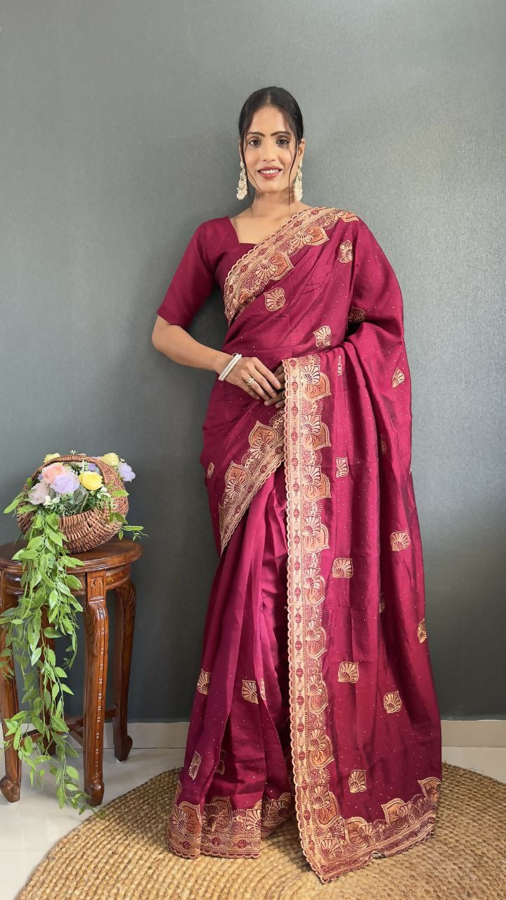 Vastranavya Pink Vichitra Silk Zari with Swarovski Work Ready to Wear Saree | Swadesiicart
