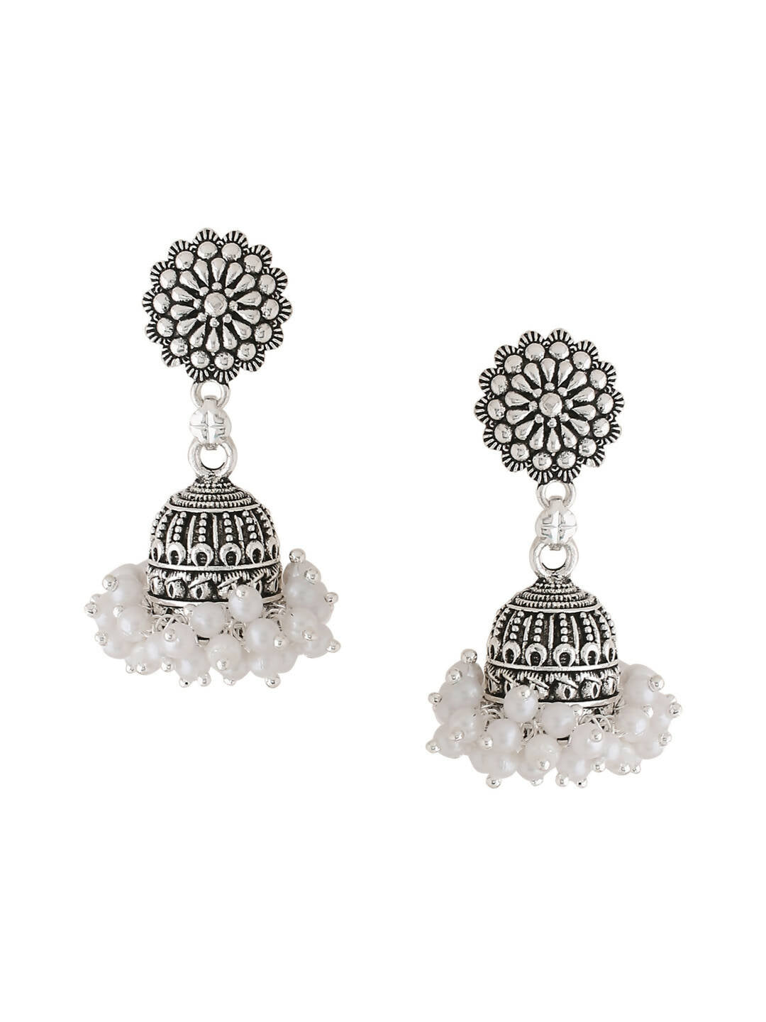 NVR Women Silver Toned Dome Shaped Jhumkas Earrings | Swadesiicart
