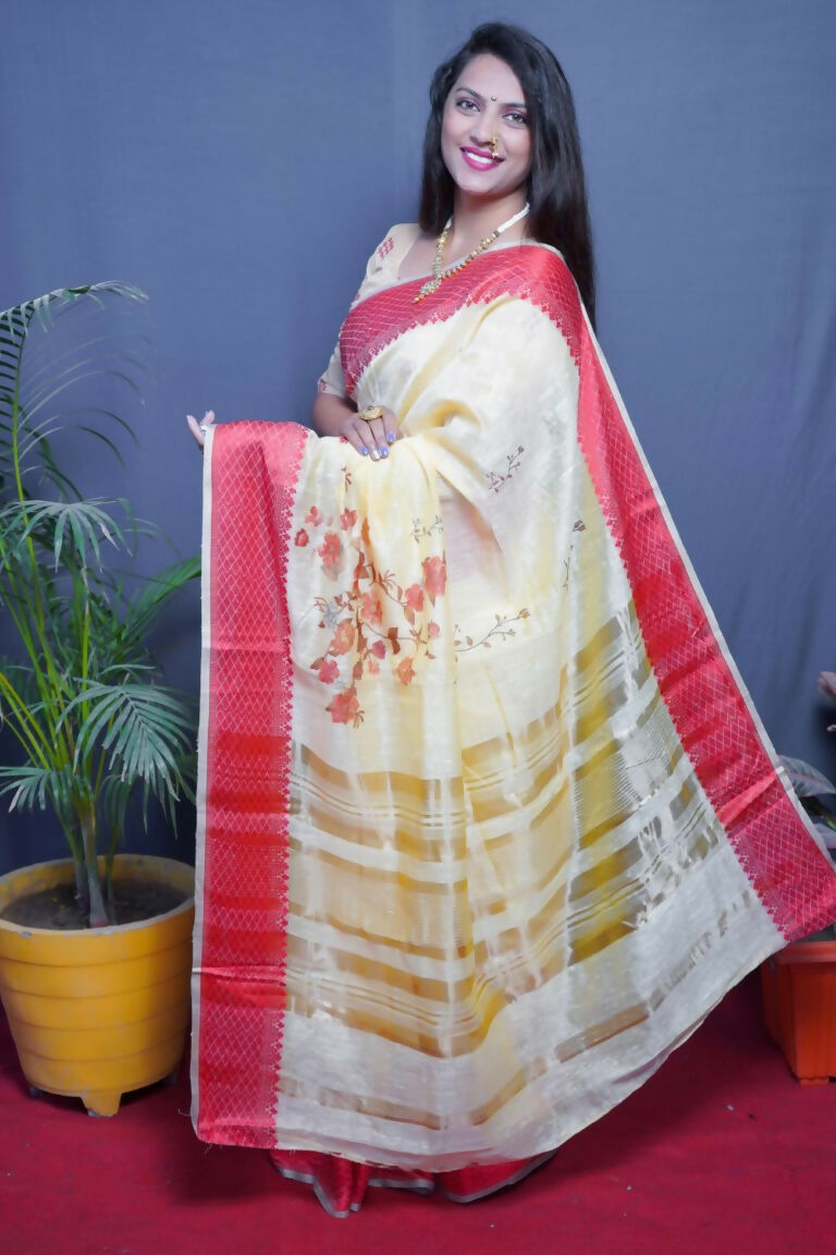 Jyoti Fashion Women's Red Linen Silk Digital Print with Jacquard Woven Border Saree with Blouse | Swadesiicart