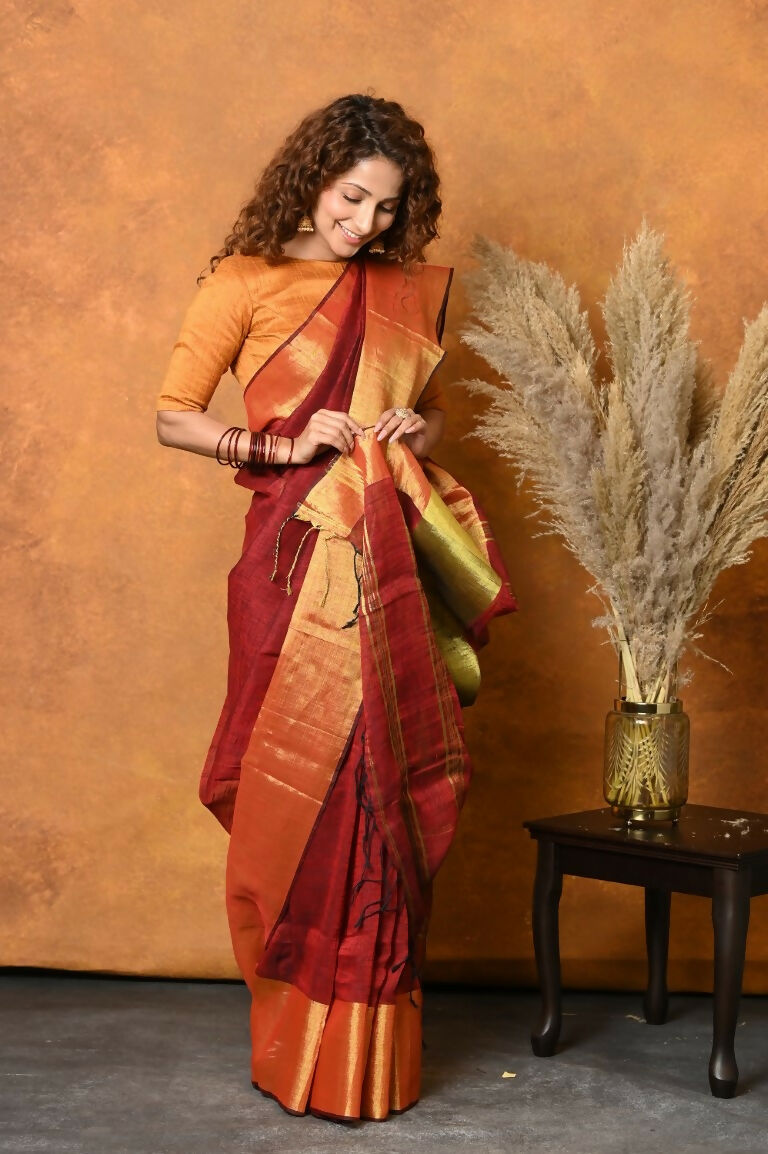 Very Much Indian Handloom Pure Cotton Linen Saree With Golden Border - Dark Maroon | Swadesiicart