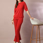 Myshka Women's Red Solid Boat Neck Party Top With Trousers Co-ord set - Swadesiicart