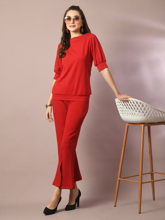 Myshka Women's Red Solid Boat Neck Party Top With Trousers Co-ord set - Swadesiicart