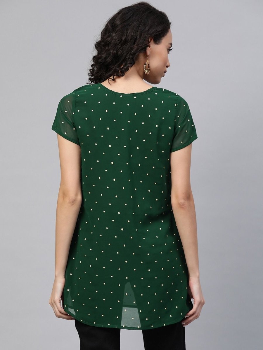 Ahalyaa Women Green Georgette Golden Polka Dots Print Layered Tunic | Swadesiicart