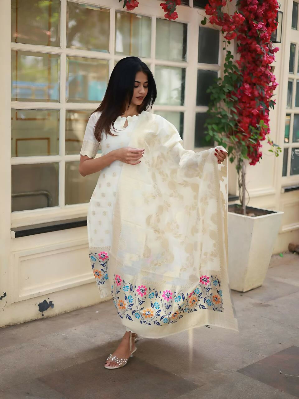 The52 White Women's Beautiful Viscose Jacquard Fabric Printed Work Straight Kurta Pant and Dupatta Set - Swadesiicart