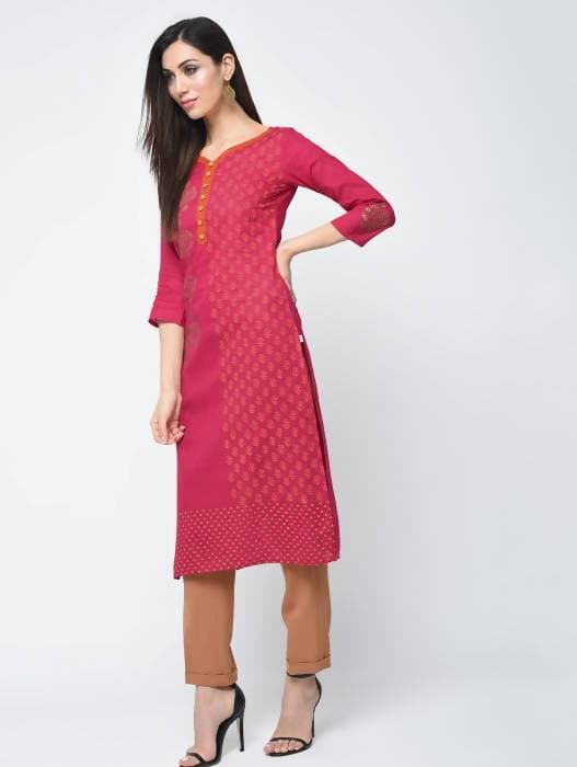 Aniyah Cotton Block Printed Traditional Straight Kurta In Magenta Color (AN-125K) - Swadesiicart