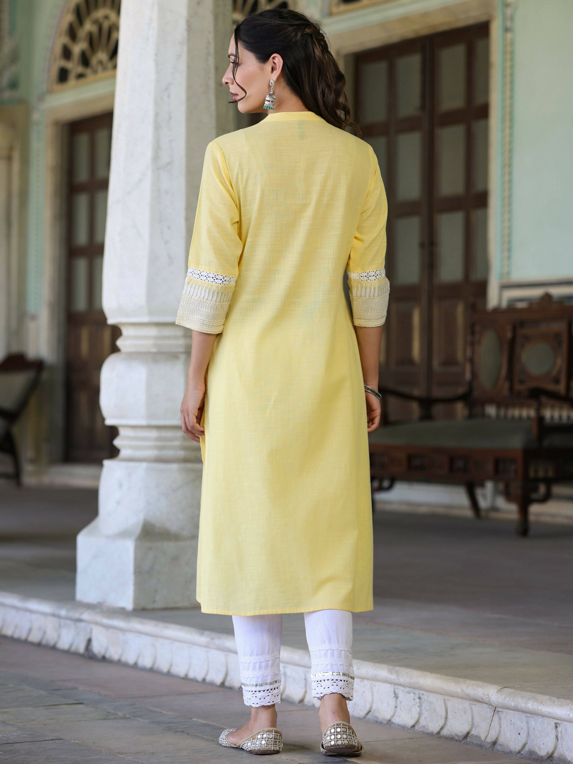 Juniper Women's Yellow Cotton Slub Embroidered Straight Kurta | Swadesiicart