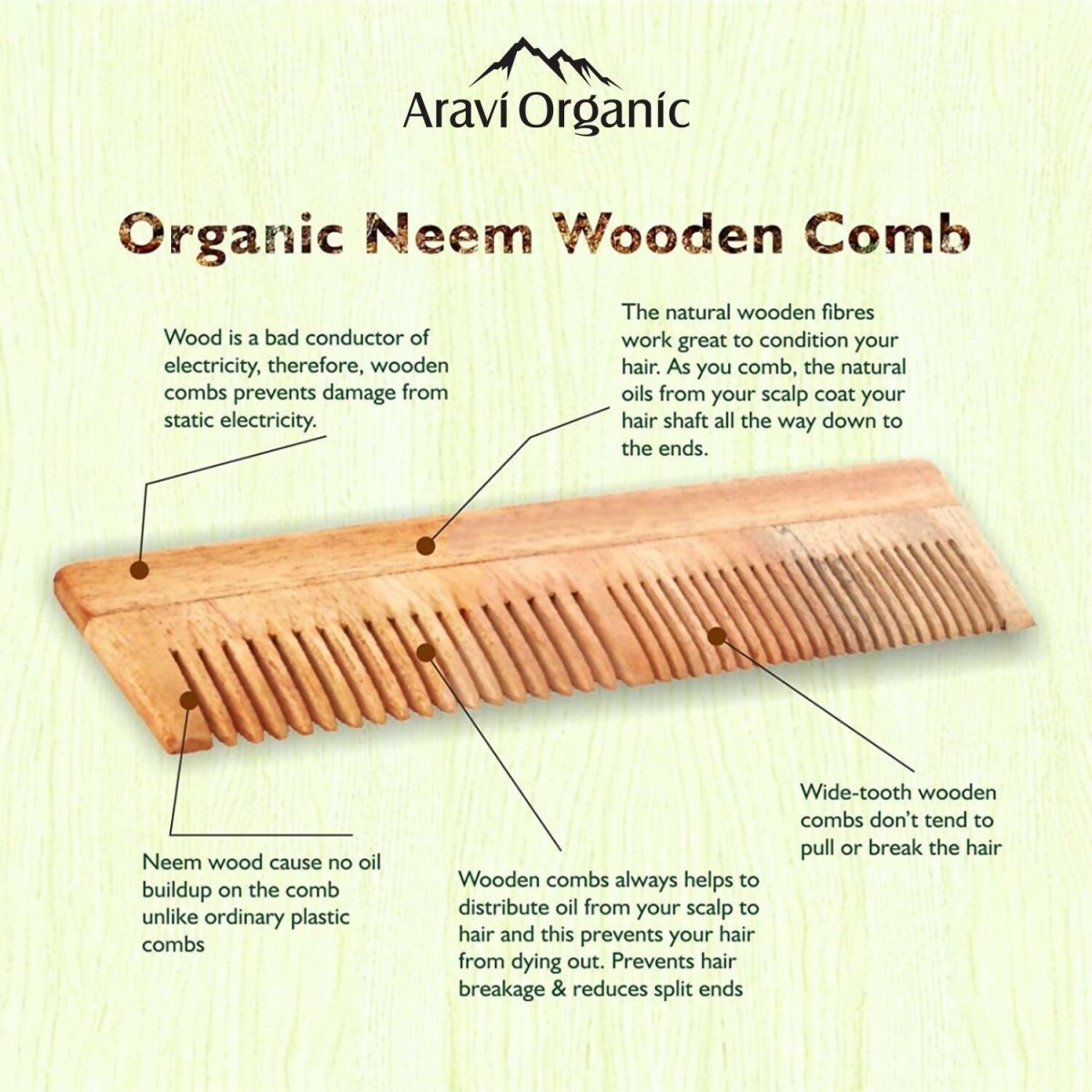 Aravi Organic Neem Wood Comb Fine and Wide Tooth - Swadesiicart