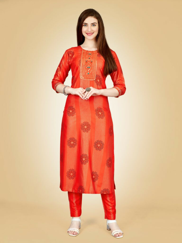 Jyoti Fashion Women's Orange Viscose Rayon Embroidered Kurta Pant Set | Swadesiicart