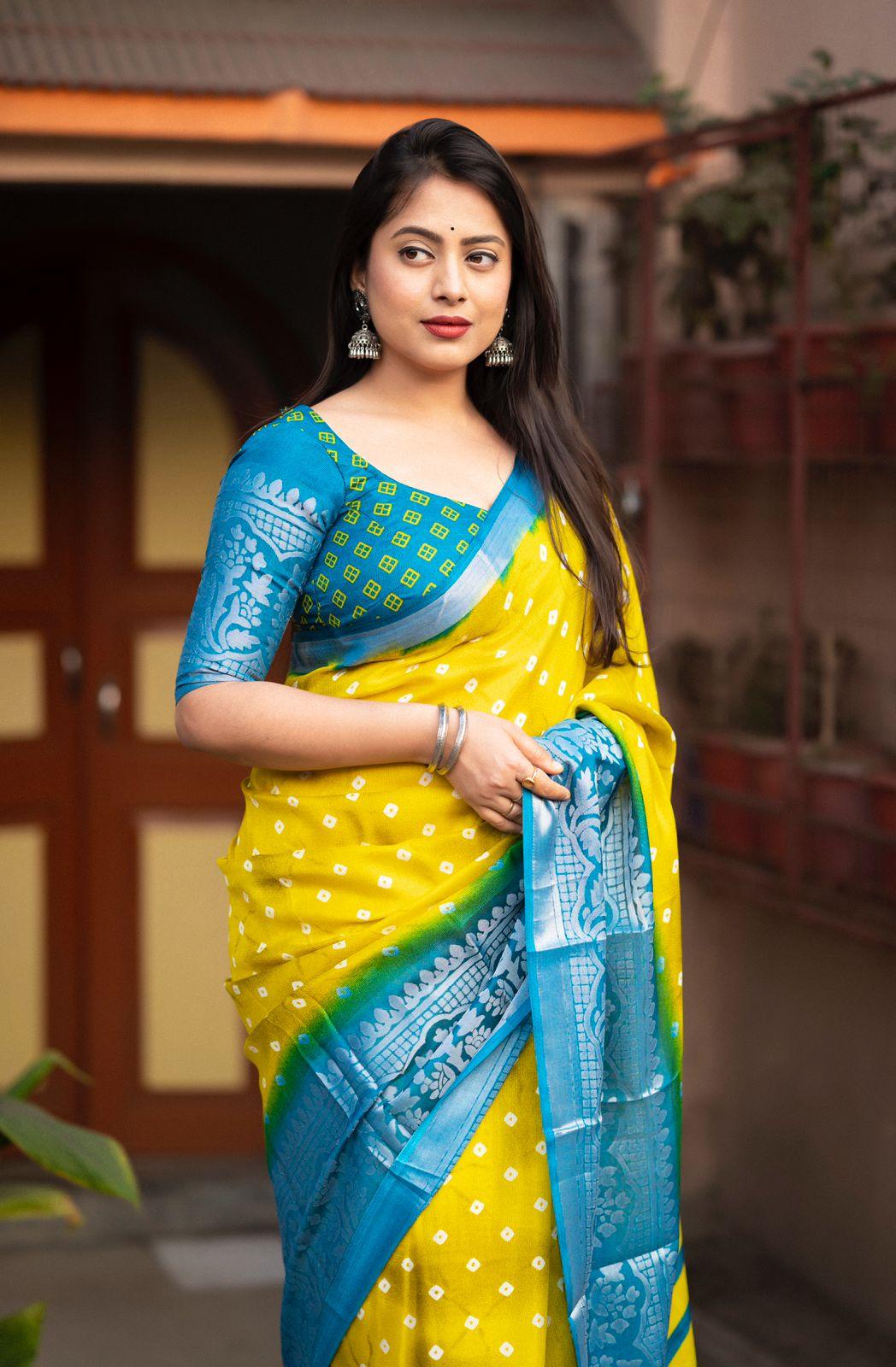Lemon Jute Silk Printed Saree with Unstitched Blouse - Hiral Fashion | Swadesiicart