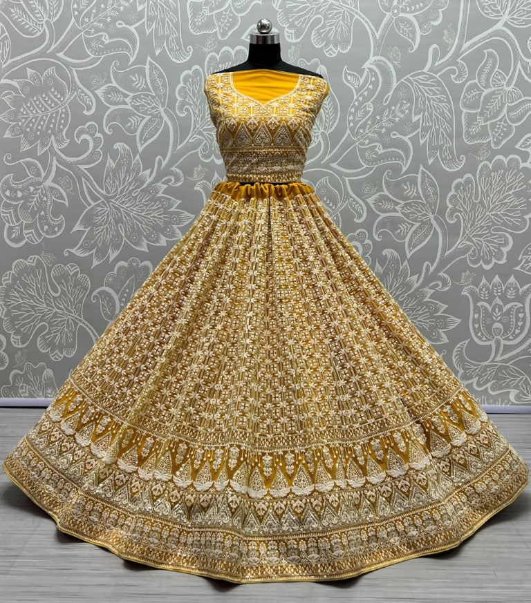 Jyoti Fashion Women's Yellow Bridal Net Fancy Sequins with Multi Thread Embroidered Wedding Lehenga Choli | Swadesiicart