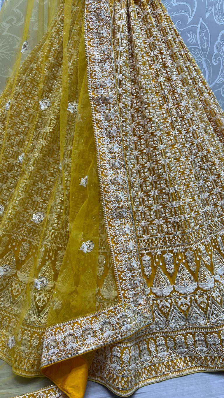 Jyoti Fashion Women's Yellow Bridal Net Fancy Sequins with Multi Thread Embroidered Wedding Lehenga Choli | Swadesiicart