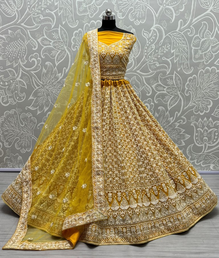 Jyoti Fashion Women's Yellow Bridal Net Fancy Sequins with Multi Thread Embroidered Wedding Lehenga Choli | Swadesiicart