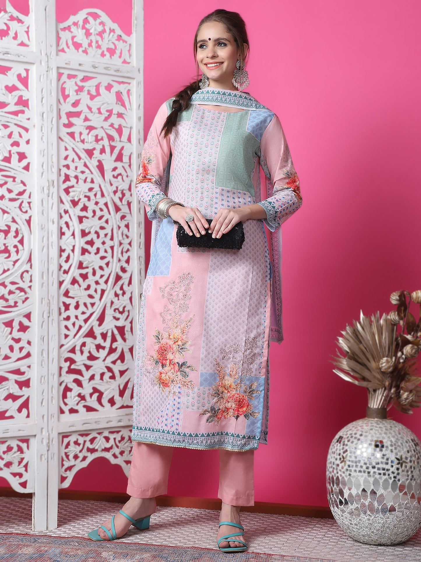 Jyoti Fashion Women's Multicolor Cotton Geometric Digital Print with Jari & Crystal Kurta with Trouser & Dupatta | Swadesiicart